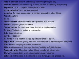 Help to  answer :  the act. of helping, something that you say. Need to answer:   It is necessary or must be don, something that you say Represent:  to act or speak in the place of else. Is comprised of:  is to form or be apart: Includes:  To have as one part; to contain among the other things. Are:  strong form Is:  be Necessary for:  That is  needed for a purpose or a reason. Add to:  To put together with else. Connected by:  To realize or show that is involved with else. To form:  To begin to exit or to make exist. E.G.:  Example given May be:  Possibility  In:  Inside or to a position inside a particular area or object. Begin with:  Used for giving your first reason for or to introduce your first point. With:  Used for saying what fills, covers etc. Aids:  An illness which destroys the body's ability to fight infection. Especially with:  More than other things, people, situations, etc. Show:  To make clear; to give information about research. Between:  In the place in the middle of two  things, people ,places etc.  
