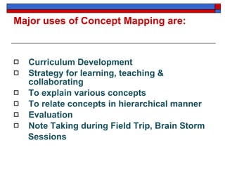 Major uses of Concept Mapping are: <ul><li>Curriculum Development </li></ul><ul><li>Strategy for learning, teaching & coll...