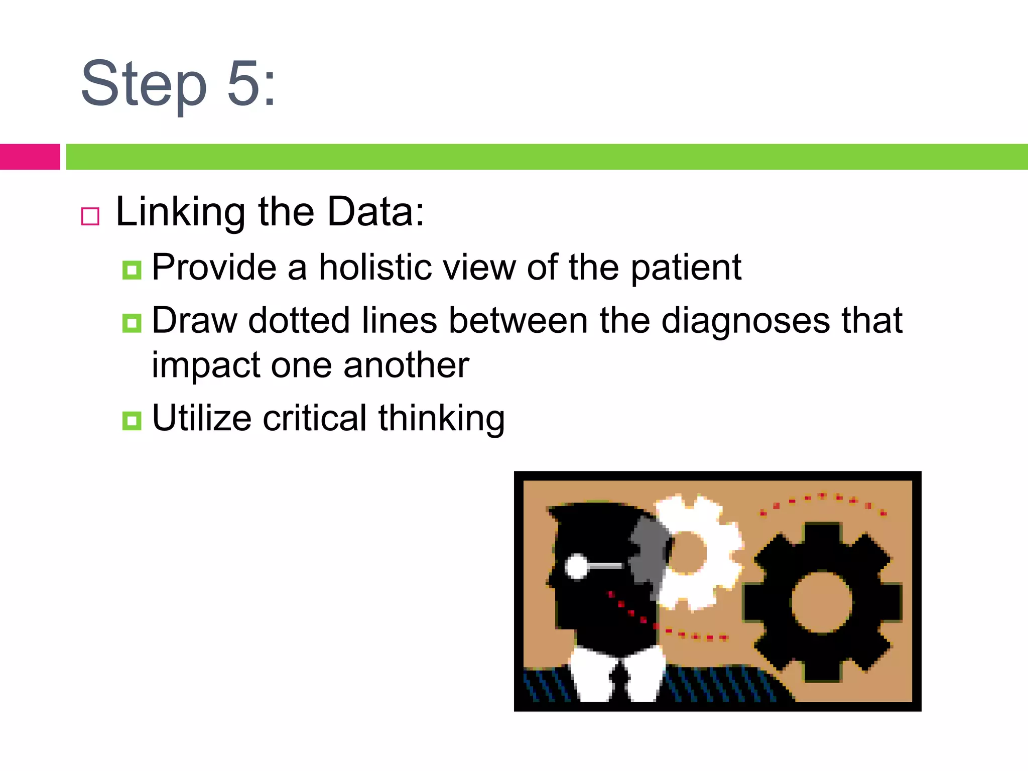 Step 5:Linking the Data:Provide a holistic view of the patientDraw dotted lines between the diagnoses that impact one anotherUtilize critical thinking