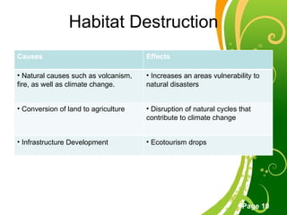 Habitat Destruction Causes Effects Natural causes such as volcanism, fire, as well as climate change. Increases an areas vulnerability to natural disasters Conversion of land to agriculture Disruption of natural cycles that contribute to climate change Infrastructure Development Ecotourism drops 