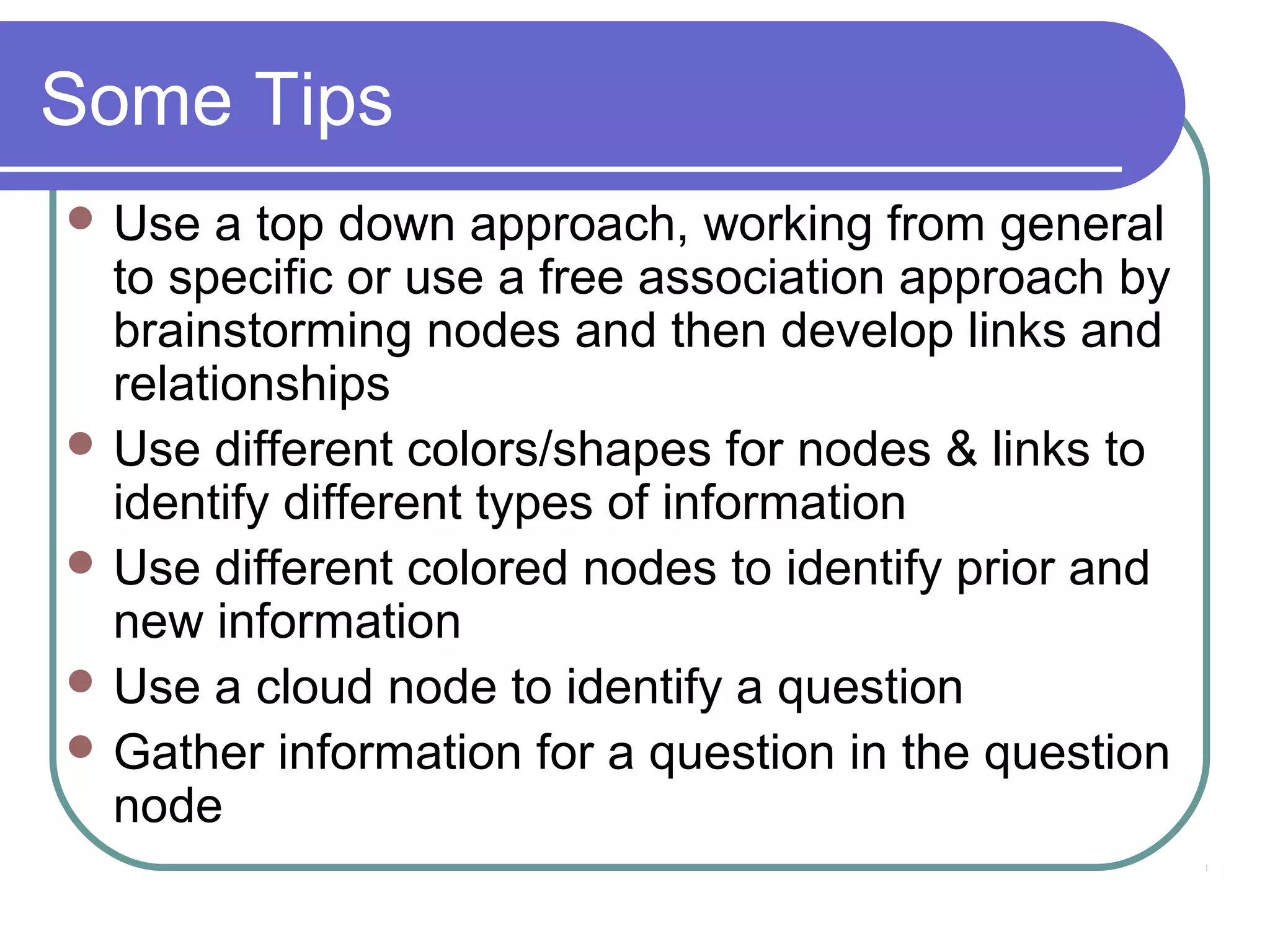 Some Tips
 Use

a top down approach, working from general
to specific or use a free association approach by
brainstorming nodes and then develop links and
relationships
 Use different colors/shapes for nodes & links to
identify different types of information
 Use different colored nodes to identify prior and
new information
 Use a cloud node to identify a question
 Gather information for a question in the question
node

 