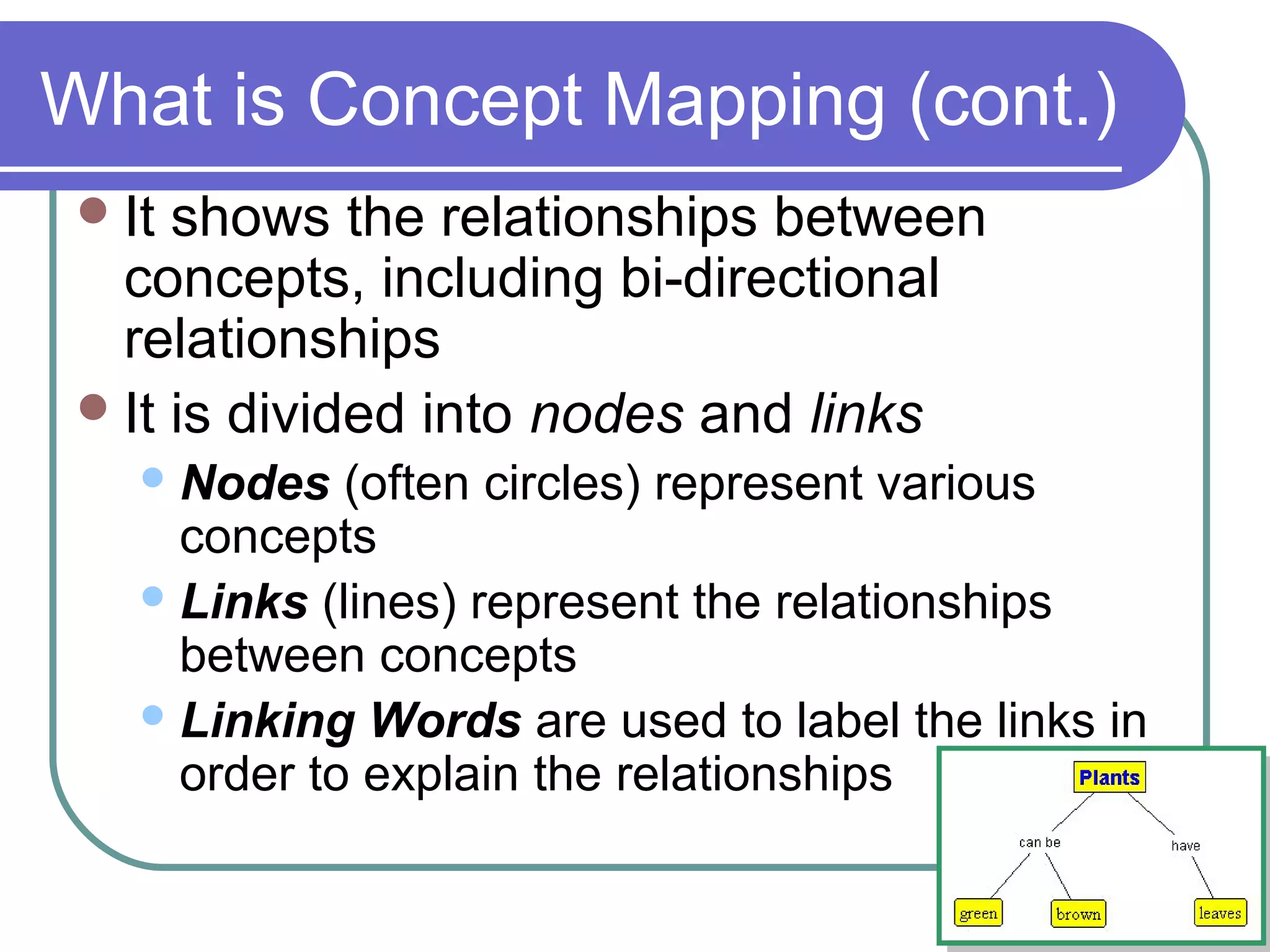 What is Concept Mapping (cont.)
 It

shows the relationships between
concepts, including bi-directional
relationships
 It is divided into nodes and links
 Nodes

(often circles) represent various
concepts
 Links (lines) represent the relationships
between concepts
 Linking Words are used to label the links in
order to explain the relationships

 