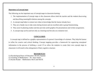 8 
Importance of concept maps 
The following are the important uses of concept maps in classroom learning: 
1. The implementation of concept maps in the classroom allows both the teacher and the student discovering 
and describing meaningful relations among the concepts. 
2. A concept map helps to connect new ideas to knowledge that the learner already have. 
3. They are a handy way to take notes during lectures and are excellent aids to group brainstorming. 
4. They assist in planning studies and also provide useful graphics for presentations and written assignments. 
5. A concept map can be used not only as a learning tool but also an evaluation tool. 
CONCLUSION 
A concept map is defined as a graphic representation of a person’s knowledge of a domain. They help the learner 
to refine his creative and critical thinking. Concept mapping provides a framework for organizing conceptual 
information in the process of defining a word. If we allow the students to create their own concept maps in 
classroom it will result in the enlargement of their cognitive structure. 
REFERENCES 
(1) Psychological bases of Education- Dr.N.K.Arjunan 
(2) Teaching of Mathematics – Dr. Anice James 
(3) Kerala Reader – Mathematics Std X and Std IX 
