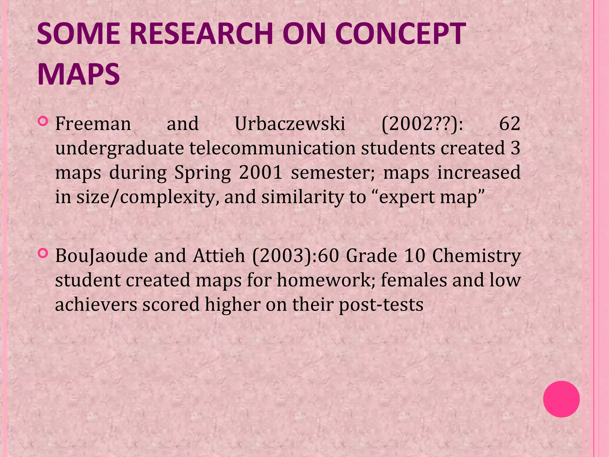 SOME RESEARCH ON CONCEPT
MAPS
 Freeman and Urbaczewski (2002??): 62
undergraduate telecommunication students created 3
maps during Spring 2001 semester; maps increased
in size/complexity, and similarity to “expert map”
 BouJaoude and Attieh (2003):60 Grade 10 Chemistry
student created maps for homework; females and low
achievers scored higher on their post-tests
 