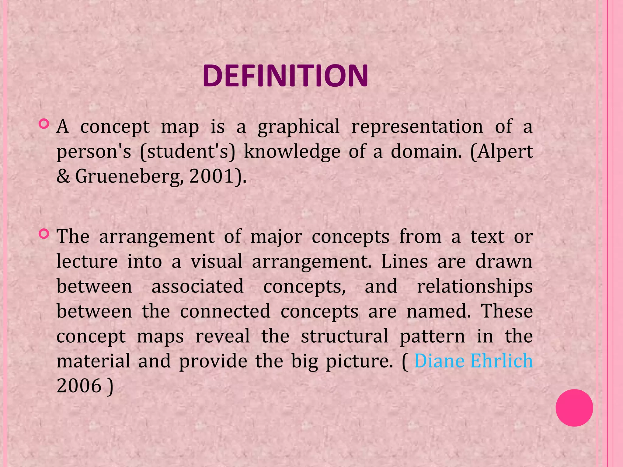 DEFINITION
 A concept map is a graphical representation of a
person's (student's) knowledge of a domain. (Alpert
& Grueneberg, 2001).
 The arrangement of major concepts from a text or
lecture into a visual arrangement. Lines are drawn
between associated concepts, and relationships
between the connected concepts are named. These
concept maps reveal the structural pattern in the
material and provide the big picture. ( Diane Ehrlich
2006 )
 