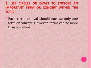 3. USE CIRCLES OR OVALS TO ENCLOSE AN
IMPORTANT TERM OR CONCEPT WITHIN THE
TOPIC
 Each circle or oval should enclose only one
term or concept. However, terms can be more
than one word.
 
