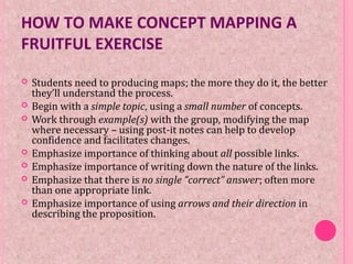 HOW TO MAKE CONCEPT MAPPING A
FRUITFUL EXERCISE
 Students need to producing maps; the more they do it, the better
they’ll understand the process.
 Begin with a simple topic, using a small number of concepts.
 Work through example(s) with the group, modifying the map
where necessary – using post-it notes can help to develop
confidence and facilitates changes.
 Emphasize importance of thinking about all possible links.
 Emphasize importance of writing down the nature of the links.
 Emphasize that there is no single “correct” answer; often more
than one appropriate link.
 Emphasize importance of using arrows and their direction in
describing the proposition.
 