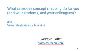What can/does concept mapping do for you
(and your students, and your colleagues)?
aka
Visual strategies for learning
Prof Peter Hartley
profpeter1@me.com
1
 
