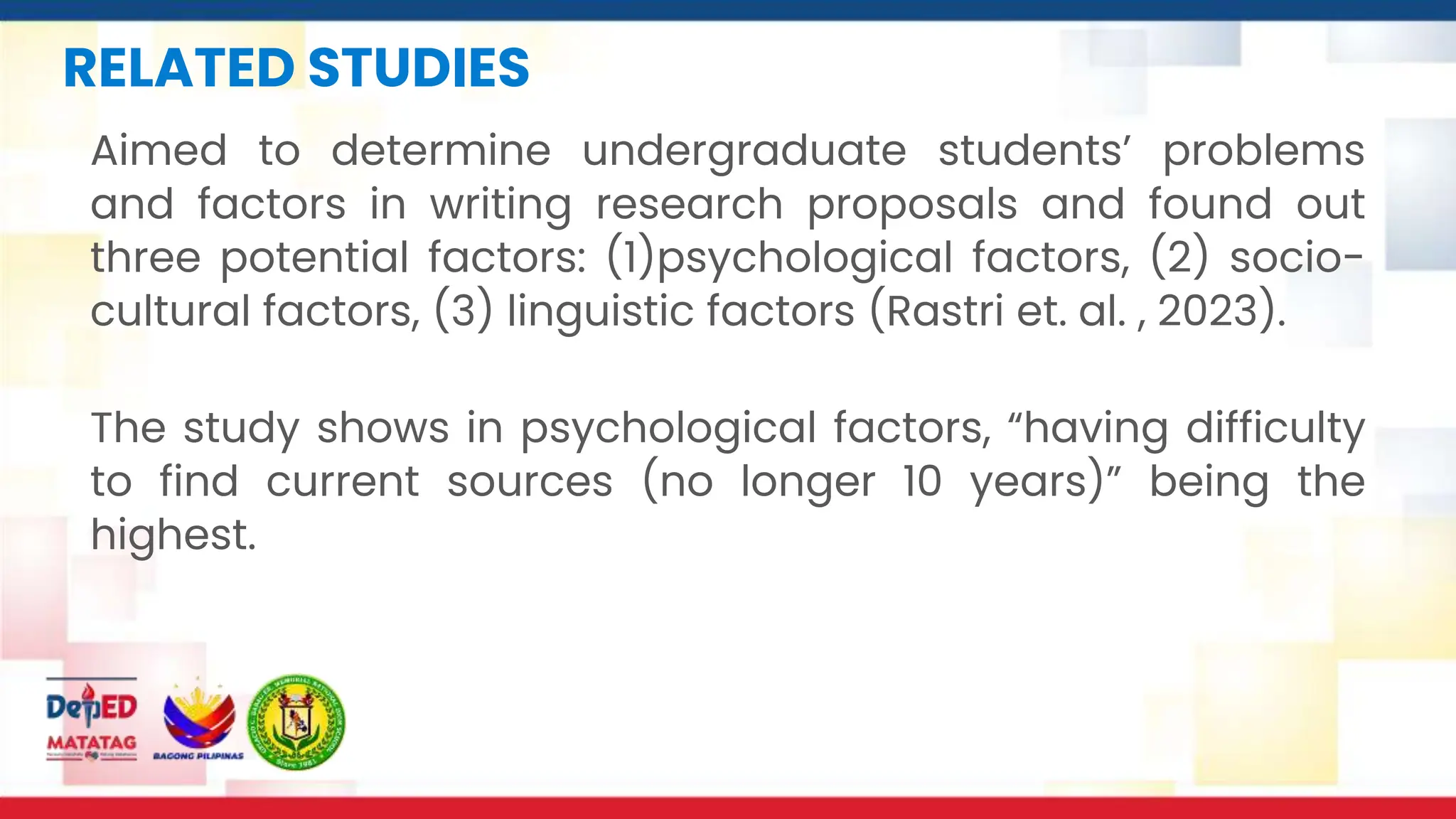 RELATED STUDIES
Aimed to determine undergraduate students’ problems
and factors in writing research proposals and found out
three potential factors: (1)psychological factors, (2) socio-
cultural factors, (3) linguistic factors (Rastri et. al. , 2023).
The study shows in psychological factors, “having difficulty
to find current sources (no longer 10 years)” being the
highest.
 