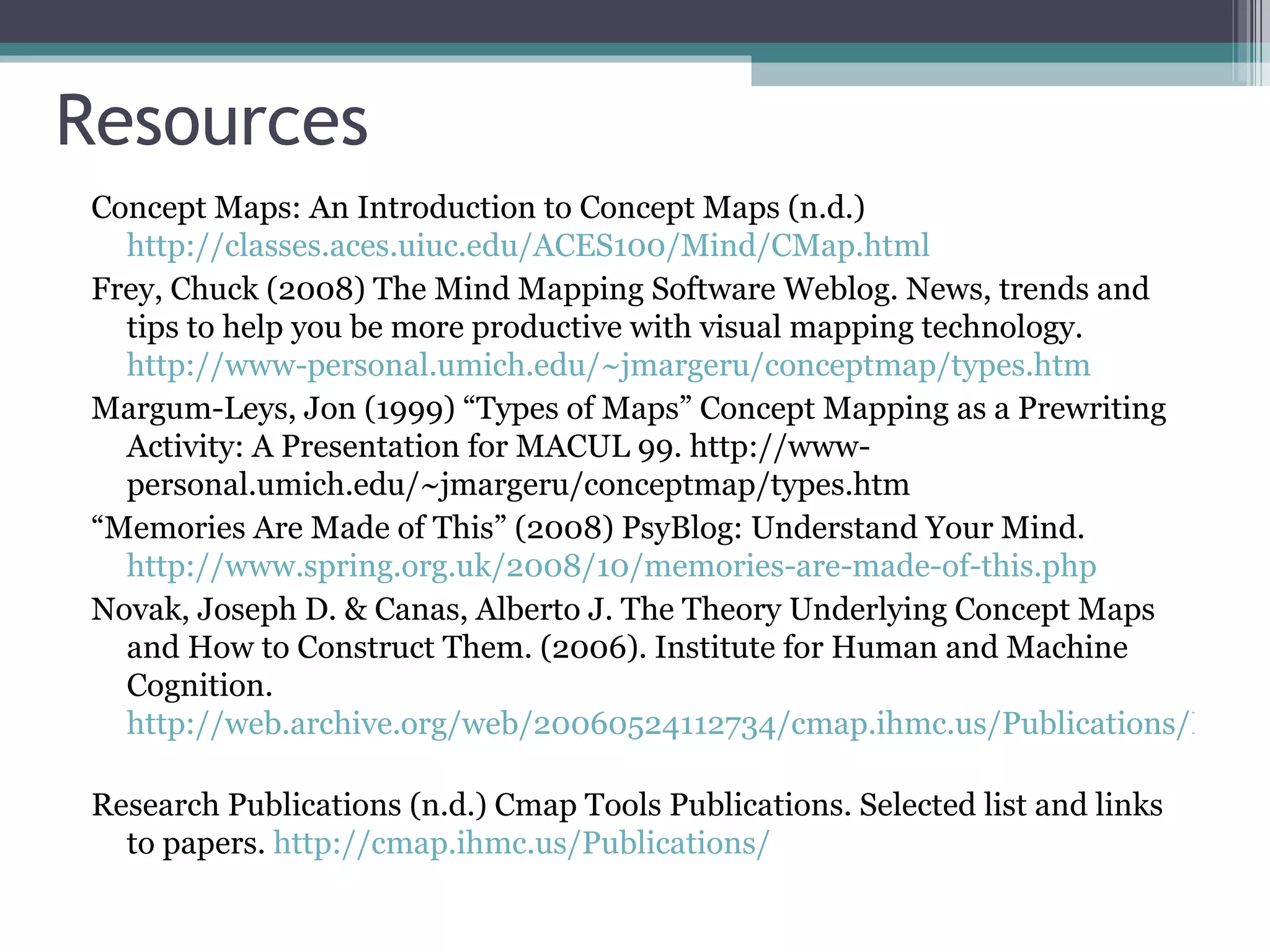 Resources Concept Maps: An Introduction to Concept Maps (n.d.)  http://classes.aces.uiuc.edu/ACES100/Mind/CMap.html Frey, Chuck (2008) The Mind Mapping Software Weblog. News, trends and tips to help you be more productive with visual mapping technology.  http://www-personal.umich.edu/~jmargeru/conceptmap/types.htm   Margum-Leys, Jon (1999) “Types of Maps” Concept Mapping as a Prewriting Activity: A Presentation for MACUL 99. http://www-personal.umich.edu/~jmargeru/conceptmap/types.htm “ Memories Are Made of This” (2008) PsyBlog: Understand Your Mind.  http://www.spring.org.uk/2008/10/memories-are-made-of-this.php Novak, Joseph D. & Canas, Alberto J. The Theory Underlying Concept Maps and How to Construct Them. (2006). Institute for Human and Machine Cognition.  http://web.archive.org/web/20060524112734/cmap.ihmc.us/Publications/ResearchPapers/TheoryCmaps/TheoryUnderlyingConceptMaps.htm   Research Publications (n.d.) Cmap Tools Publications. Selected list and links to papers.  http://cmap.ihmc.us/Publications/ 