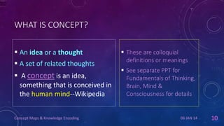 WHAT IS CONCEPT?
 An idea or a thought
 A set of related thoughts
 A concept is an idea,
something that is conceived in
the human mind--Wikipedia
Concept Maps & Knowledge Encoding

 These are colloquial
definitions or meanings
 See separate PPT for
Fundamentals of Thinking,
Brain, Mind &
Consciousness for details

06 JAN 14

10

 