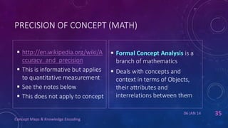 PRECISION OF CONCEPT (MATH)
 http://en.wikipedia.org/wiki/A
ccuracy_and_precision
 This is informative but applies
to quantitative measurement
 See the notes below
 This does not apply to concept

 Formal Concept Analysis is a
branch of mathematics
 Deals with concepts and
context in terms of Objects,
their attributes and
interrelations between them
06 JAN 14

Concept Maps & Knowledge Encoding

35

 