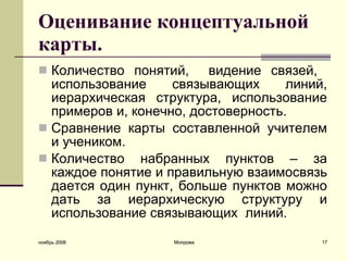 Оценивание концептуальной карты. Количество понятий,  видение связей,  использование связывающих линий, иерархическая структура, использование примеров и, конечно, достоверность. Сравнение карты составленной учителем и учеником.  Количество набранных пунктов – за каждое понятие и правильную взаимосвязь дается один пункт, больше пунктов можно дать за иерархическую структуру и использование связывающих  линий.  ноябрь 2008 Молдова 
