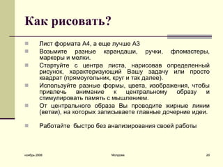 Как рисовать? Л ист формата А4, а еще лучше А3 Возьмите разные карандаши, ручки, фломастеры, маркеры и мелки.  Стартуйте с центра листа, нарисовав определенный рисунок, характеризующий Вашу задачу или просто квадрат (прямоугольник, круг и так далее).  Используйте разные формы, цвета, изображения, чтобы привлечь внимание к центральному образу и стимулировать память с мышлением.  От центрального образа Вы проводите жирные линии (ветви), на которых записываете главные дочерние идеи.  Работайте  быстро без анализирования своей работы  ноябрь 2008 Молдова 
