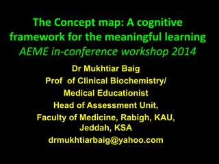 The Concept map: A cognitive
framework for the meaningful learning
AEME in-conference workshop 2014
Dr Mukhtiar Baig
Prof of Clinical Biochemistry/
Medical Educationist
Head of Assessment Unit,
Faculty of Medicine, Rabigh, KAU,
Jeddah, KSA
drmukhtiarbaig@yahoo.com
 