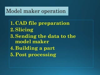 Model maker operation
1.CAD file preparation
2.Slicing
3.Sending the data to the
model maker
4.Building a part
5.Post processing
 