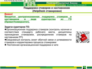 Важно! Вводится централизованная поддержка стажеров  и наставников в виде  кураторств а  из ГО  (ПриватУниверситет) .   Задачи кураторов ГО: Организационная поддержка стажеров  (контроль наличия и соответствия стандарту рабочего места, дисциплины прохождения стажировки, распределение стажеров по наставникам РП) Ежедневный к онтроль анкет обатной связи  и успеваемости  стажеров  и корректировка процесса стажировки Постоянная организационная поддержка в чате Поддержка стажеров и наставников  ( HelpDesk  стажировки) 