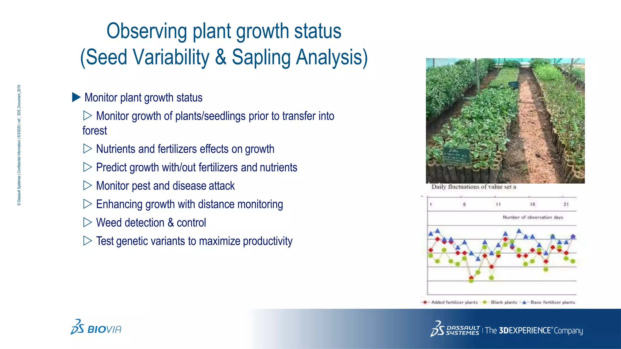 Observing plant growth status
(Seed Variability & Sapling Analysis)
 Monitor plant growth status
 Monitor growth of plants/seedlings prior to transfer into
forest
 Nutrients and fertilizers effects on growth
 Predict growth with/out fertilizers and nutrients
 Monitor pest and disease attack
 Enhancing growth with distance monitoring
 Weed detection & control
 Test genetic variants to maximize productivity
©
Dassault
Systèmes
|
Confidential
Information
|
6/3/2020
|
ref.:
3DS_Document_2019
 