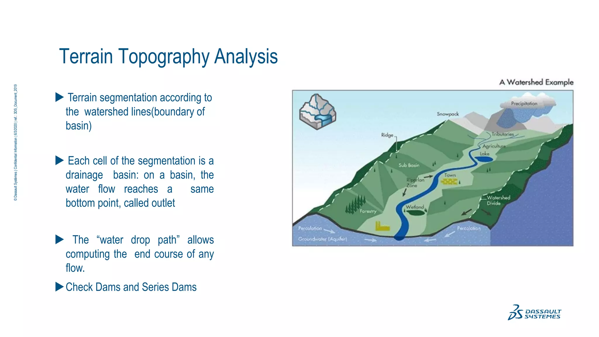 Terrain Topography Analysis
 Terrain segmentation according to
the watershed lines(boundary of
basin)
 Each cell of the segmentation is a
drainage basin: on a basin, the
water flow reaches a same
bottom point, called outlet
 The “water drop path” allows
computing the end course of any
flow.
Check Dams and Series Dams
©
Dassault
Systèmes
|
Confidential
Information
|
6/3/2020
|
ref.:
3DS_Document_2019
 