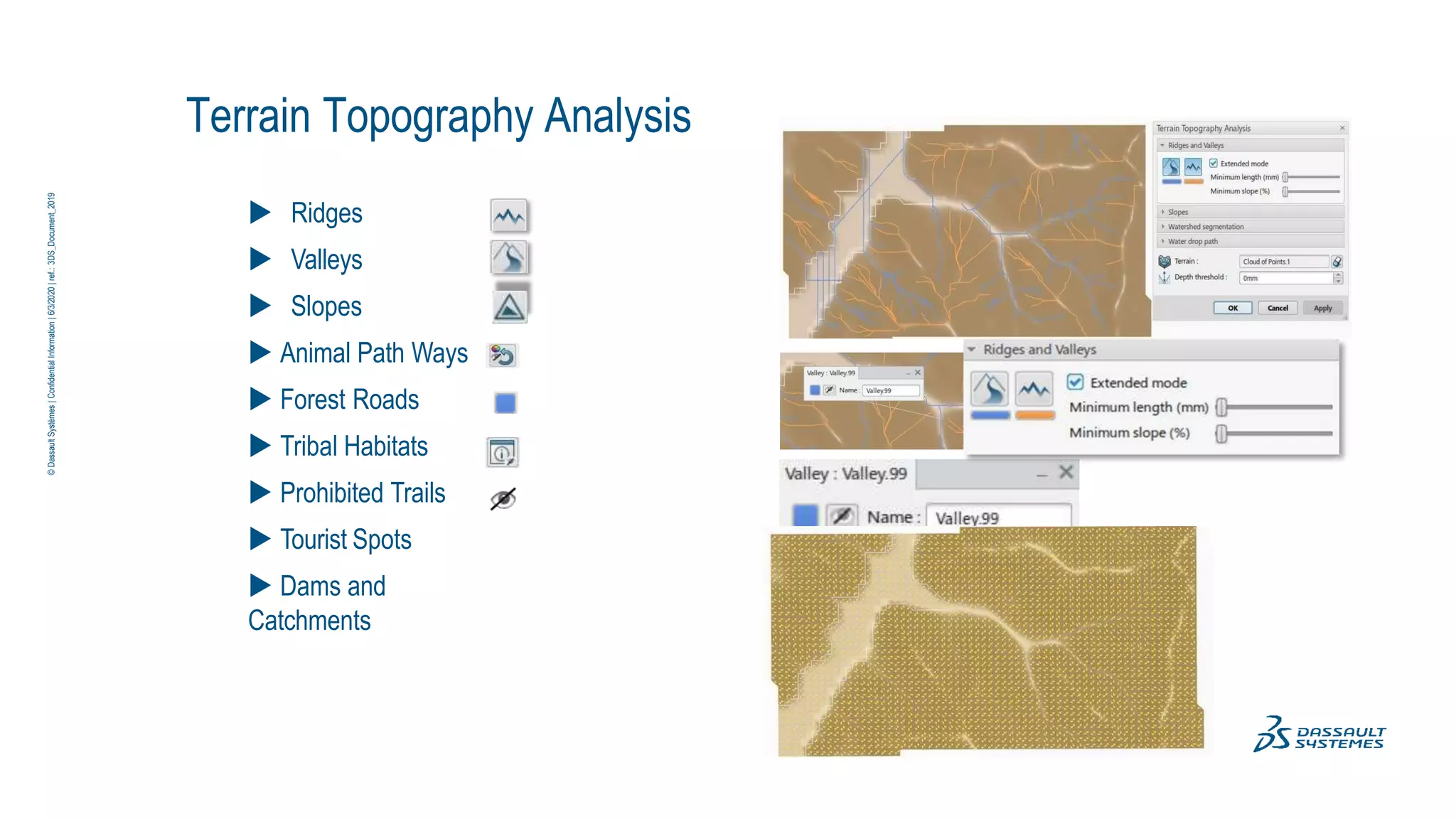 Terrain Topography Analysis
 Ridges
 Valleys
 Slopes
 Animal Path Ways
 Forest Roads
 Tribal Habitats
 Prohibited Trails
 Tourist Spots
 Dams and
Catchments
©
Dassault
Systèmes
|
Confidential
Information
|
6/3/2020
|
ref.:
3DS_Document_2019
 