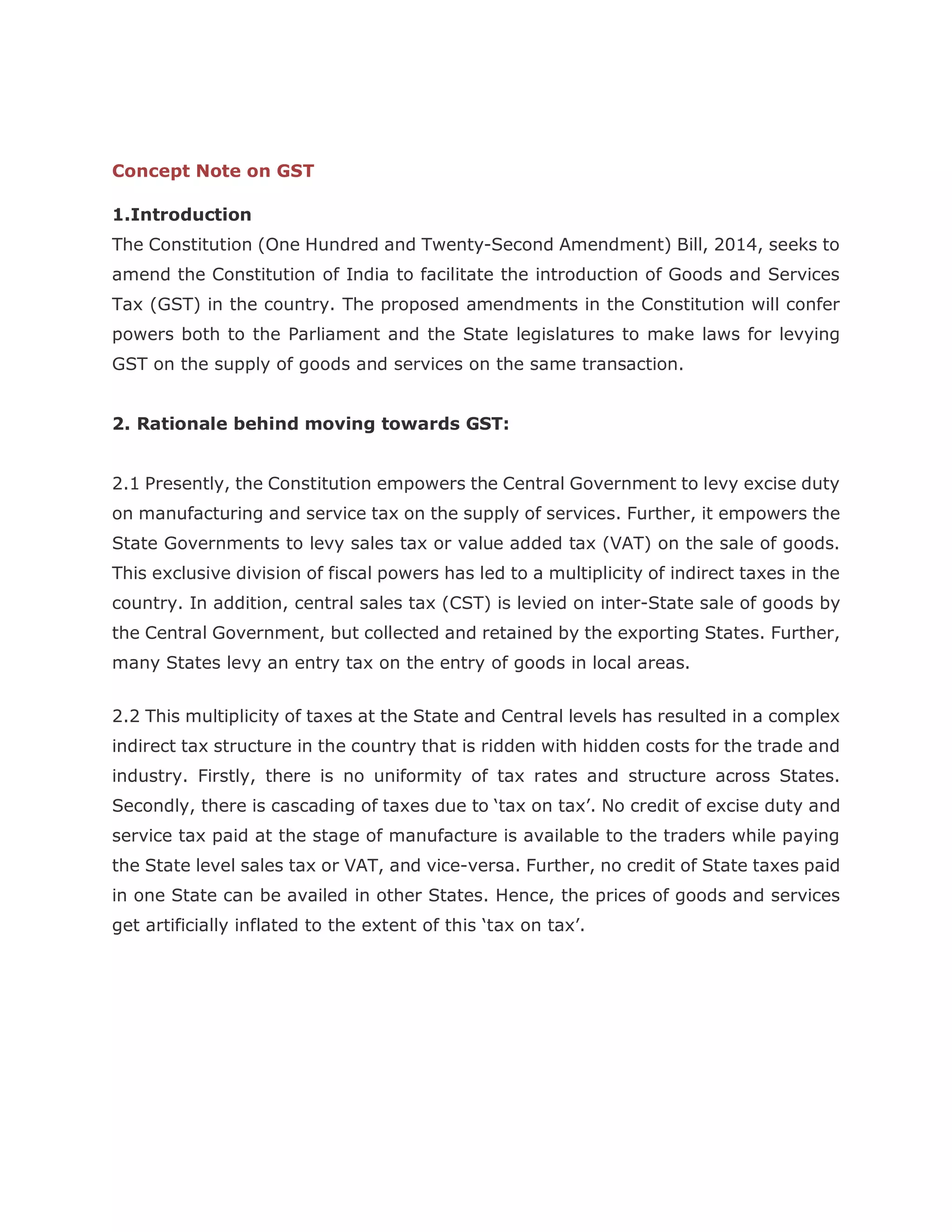 Concept note of Goods & Service Tax (GST) in India | PDF | Business ...