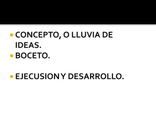  CONCEPTO, O LLUVIA DE
  IDEAS.
 BOCETO.

 EJECUSION Y DESARROLLO.
 