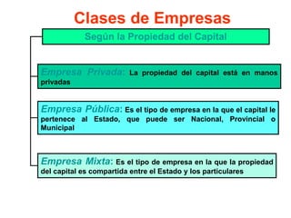 Clases de Empresas
Según la Propiedad del Capital
Empresa Pública: Es el tipo de empresa en la que el capital le
pertenece al Estado, que puede ser Nacional, Provincial o
Municipal
Empresa Privada: La propiedad del capital está en manos
privadas
Empresa Mixta: Es el tipo de empresa en la que la propiedad
del capital es compartida entre el Estado y los particulares
 