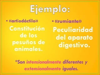 «artiodáctilo» Constitución de los pesuños de animales. «rumiante» Peculiaridad del aparato digestivo. *Son  intensionalmente  diferentes y  extensionalmente  iguales. 