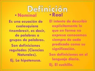 Nominal Es una ecuación de cualesquiera «nombres», es decir, de palabras o grupos de palabras. Son definiciones reguladas (Ciencias  Naturales). Ej. La hipotenusa. Real El intento de describir explícitamente lo que en forma no expresa conocemos siempre de cada predicado como su significación. Son definiciones en el lenguaje diario. Ej. El cuchillo. 