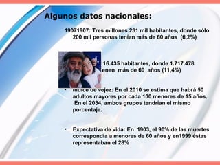 Algunos datos nacionales:
19071907: Tres millones 231 mil habitantes, donde sólo
200 mil personas tenían más de 60 años (6,2%)
20022002: 15.116.435 habitantes, donde 1.717.478
personas tienen más de 60 años (11,4%)
• Índice de vejez: En el 2010 se estima que habrá 50
adultos mayores por cada 100 menores de 15 años.
En el 2034, ambos grupos tendrían el mismo
porcentaje.
• Expectativa de vida: En 1903, el 90% de las muertes
correspondía a menores de 60 años y en1999 éstas
representaban el 28%
 