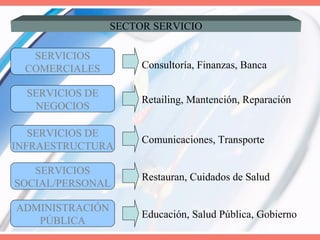 SECTOR SERVICIO
Restauran, Cuidados de Salud
SERVICIOS
SOCIAL/PERSONAL
Educación, Salud Pública, Gobierno
ADMINISTRACIÓN
PÚBLICA
Comunicaciones, Transporte
SERVICIOS DE
INFRAESTRUCTURA
Retailing, Mantención, Reparación
SERVICIOS DE
NEGOCIOS
Consultoría, Finanzas, Banca
SERVICIOS
COMERCIALES
 