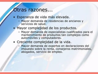 Otras razones...
• Esperanza de vida más elevada.
– Mayor demanda de residencias de ancianos y
servicios de salud.
• Mayor complejidad de los productos.
– Mayor demanda de especialistas cualificados para el
mantenimiento de productos tan complejos como
automóviles y computadores.
• Creciente complejidad de la vida.
– Mayor demanda de expertos en declaraciones del
impuesto sobre la renta, consejeros matrimoniales,
abogados, servicio de empleo.
 
