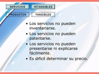 • Los servicios no pueden
inventariarse.
• Los servicios no pueden
patentarse.
• Los servicios no pueden
presentarse ni explicarse
fácilmente.
• Es difícil determinar su precio.
SERVICIOS
PRODUCTOS
INTANGIBLES
TANGIBLES
 
