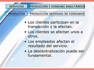 • Los clientes participan en la
transacción y la afectan.
• Los clientes se afectan unos a
otros.
• Los empleados afectan el
resultado del servicio.
• La descentralización puede ser
fundamental.
SERVICIOS
PRODUCTOS
PRODUCCIÓN Y CONSUMO SIMULTÁNEOS
PRODUCCIÓN SEPARADA DE CONSUMOS
 