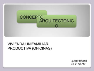 CONCEPTO
            ARQUITECTONIC
                  O



VIVIENDA UNIFAMILIAR
PRODUCTIVA (OFICINAS)


                        LARRY ROJAS
                        C.I. 21725717
 