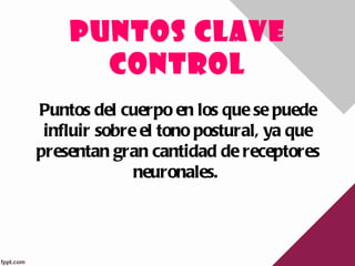 PUNTOS CLAVE
      CONTROL
Puntos del cuerpo en los que se puede
 influir sobre el tono postural, ya que
presentan gran cantidad de receptores
              neuronales.
 