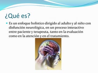 ¿Qué es?
 Es un enfoque holístico dirigido al adulto y al niño con
  disfunción neurológica, en un proceso interactivo
  entre paciente y terapeuta, tanto en la evaluación
  como en la atención y en el tratamiento.
 
