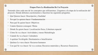 Etapas Para La Realización De Un Proyecto
Teniendo claro cada uno de los conceptos que utilizaremos. Llegamos a la etapa de la realización del
proyecto. Donde debemos cuestionarnos o hacernos las siguientes preguntas.
• Qué Quieres hacer: Descripción y finalidad
• Por qué Lo quieres hacer: Fundamentación
• Para qué Se quiere hacer: Objetivos
• Cuánto Quieres conseguir: Metas
• Dónde Se quiere hacer: Localización física, Cobertura espacial
• Cómo Se va a hacer: Actividades y tareas Metodología
• Cuándo Se va a hacer: Calendario
• A quiénes Va dirigido: Destinatarios o beneficiarios
• Quiénes Lo van a hacer: Recursos humanos
• Con qué Se va a hacer: Se va a costear, Recursos materiales y Recursos financieros.
 