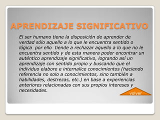 APRENDIZAJE SIGNIFICATIVO
 El ser humano tiene la disposición de aprender de
 verdad sólo aquello a lo que le encuentra sentido o
 lógica por ello tiende a rechazar aquello a lo que no le
 encuentra sentido y de esta manera poder encontrar un
 auténtico aprendizaje significativo, logrando así un
 aprendizaje con sentido propio y buscando que el
 individuo elabore e internalice conocimientos (haciendo
 referencia no solo a conocimientos, sino también a
 habilidades, destrezas, etc.) en base a experiencias
 anteriores relacionadas con sus propios intereses y
 necesidades.
                                                  volver
 