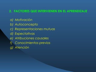 a) Motivación
b) Autoconcepto
c) Representaciones mutuas
d) Expectativas
e) Atribuciones causales
f) Conocimientos previos
g) Atención
2. FACTORES QUE INTERVIENEN EN EL APRENDIZAJE
 