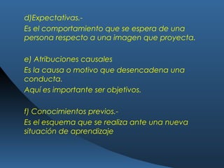 d)Expectativas.-
Es el comportamiento que se espera de una
persona respecto a una imagen que proyecta.
e) Atribuciones causales
Es la causa o motivo que desencadena una
conducta.
Aquí es importante ser objetivos.
f) Conocimientos previos.-
Es el esquema que se realiza ante una nueva
situación de aprendizaje
 