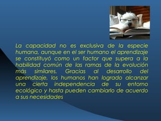 La capacidad no es exclusiva de la especie
humana, aunque en el ser humano el aprendizaje
se constituyó como un factor que supera a la
habilidad común de las ramas de la evolución
más similares. Gracias al desarrollo del
aprendizaje, los humanos han logrado alcanzar
una cierta independencia de su entorno
ecológico y hasta pueden cambiarlo de acuerdo
a sus necesidades
 