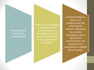 El tratamiento se
                                               basa en la
                                           comprensión del
                 Bobath, está dirigido
                                             movimiento
                  al adulto y al niño
                                          normal, utilizando
Filosofía para     con alteraciones
                                              los canales
  mejorar la     neurológica, con un
                                           perceptivos para
espasticidad     proceso interactivo
                                              facilitar los
                   entre paciente y
                                          movimientos, las
                      terapeuta.
                                             posturas que
                                         aumenten la calidad
                                            de la función.
 