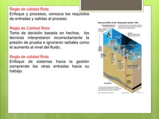 Regla de calidad Rota
Enfoque y procesos, conozca los requisitos
de entradas y salidas al proceso.
Regla de Calidad Rota
Toma de decisión basada en hechos, los
técnicos interpretaron incorrectamente la
presión de prueba e ignoraron señales como
el aumento al nivel del fluido.
Regla de calidad Rota
Enfoque de sistemas hacia la gestión
comprenda las otras entradas hacia su
trabajo.
 
