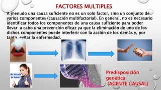 FACTORES MULTIPLES
A menudo una causa suficiente no es un solo factor, sino un conjunto de
varios componentes (causación multifactorial). En general, no es necesario
identificar todos los componentes de una causa suficiente para poder
llevar a cabo una prevención eficaz ya que la eliminación de uno de los
dichos componentes puede interferir con la acción de los demás y, por
tanto, evitar la enfermedad.
Predisposición
genética
(AGENTE CAUSAL)
 