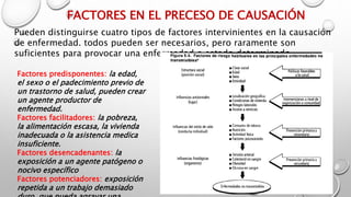 FACTORES EN EL PRECESO DE CAUSACIÓN
Pueden distinguirse cuatro tipos de factores intervinientes en la causación
de enfermedad. todos pueden ser necesarios, pero raramente son
suficientes para provocar una enfermedad o estado determinado.
Factores predisponentes: la edad,
el sexo o el padecimiento previo de
un trastorno de salud, pueden crear
un agente productor de
enfermedad.
Factores facilitadores: la pobreza,
la alimentación escasa, la vivienda
inadecuada o la asistencia medica
insuficiente.
Factores desencadenantes: la
exposición a un agente patógeno o
nocivo específico
Factores potenciadores: exposición
repetida a un trabajo demasiado
 