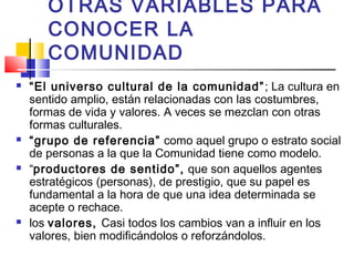 OTRAS VARIABLES PARA
CONOCER LA
COMUNIDAD
 “El universo cultural de la comunidad”; La cultura en
sentido amplio, están relacionadas con las costumbres,
formas de vida y valores. A veces se mezclan con otras
formas culturales.
 “grupo de referencia” como aquel grupo o estrato social
de personas a la que la Comunidad tiene como modelo.
 “productores de sentido”, que son aquellos agentes
estratégicos (personas), de prestigio, que su papel es
fundamental a la hora de que una idea determinada se
acepte o rechace.
 los valores, Casi todos los cambios van a influir en los
valores, bien modificándolos o reforzándolos.
 