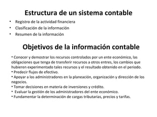Estructura de un sistema contable <ul><li>Registro de la actividad financiera </li></ul><ul><li>Clasificación de la inform...
