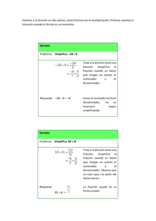 Veamos a la división en dos partes, como hicimos con la multiplicación. Primero, veamos la
situación cuando el divisor es un monomio.
Ejemplo
Problema Simplifica. −24i ÷ 6
Trata a la divisióncomouna
fracción. Simplifica la
fracción usando un factor
que tengan en común el
numerador y el
denominador.
Respuesta −24i ÷ 6 = −4i Como el resultado no tiene
denominador, no es
necesario seguir
simplificando.
Ejemplo
Problema Simplifica. 32i ÷ 6i
Trata a la divisióncomo una
fracción. Simplifica la
fracción usando un factor
que tengan en común el
numerador y el
denominador. Observa que
en este caso, i es parte del
factor común.
Respuesta
32i ÷ 6i =
La fracción quede en su
forma simple.
 