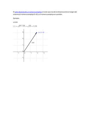 El valorabsolutode unnúmerocomplejo eneste casonosda la distanciaentre el origendel
sistema(el númerocomplejo0+ 0i) y el númerocomplejoencuestión.
Ejemplo:
z=2+3i
 